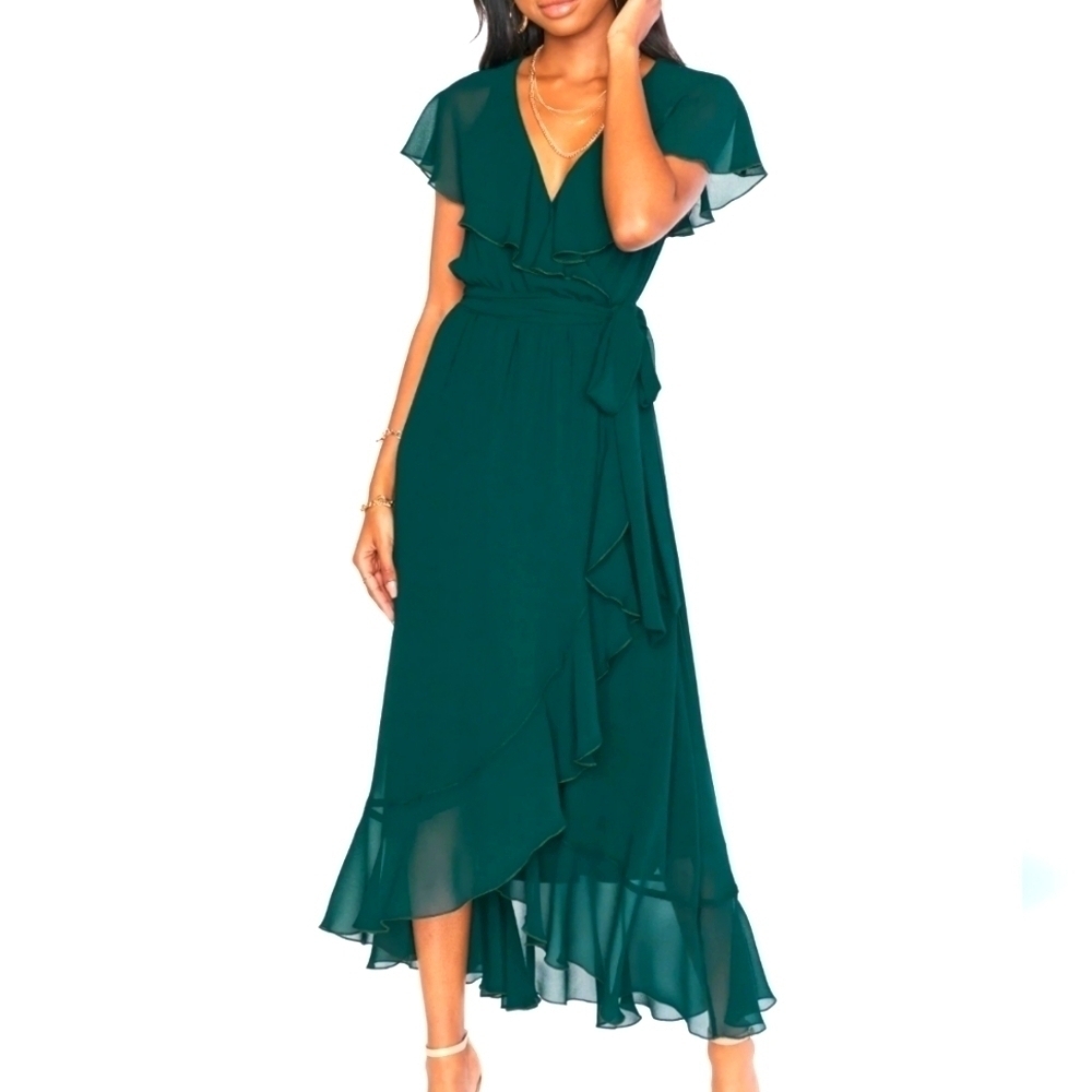 Show Me Your Mumu Jess Ruffle Midi Dress in Emerald Chiffon size 3X SMALL FLAW